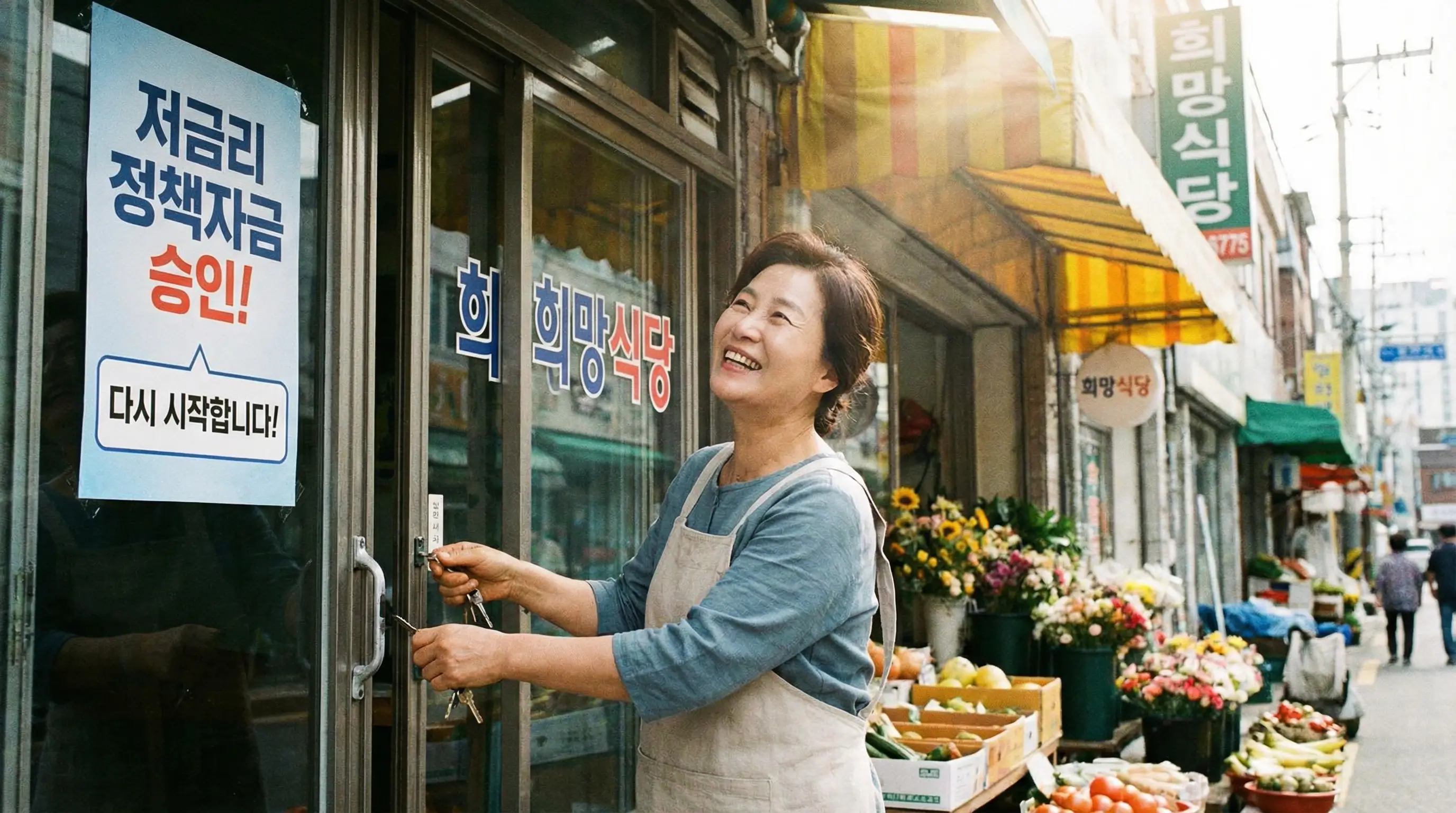 저금리 정책자금 대출 승인 후 밝은 표정으로 가게 문을 열고 영업을 준비하는 사장님의 희망찬 모습