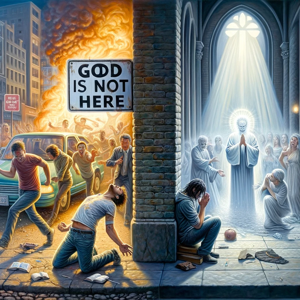 Here is a image depicting the contrast between the foolish and the wise based on biblical concepts. The scene is divided to show one person engaging in reckless behavior and another acknowledging God's presence and receiving divine help. These images aim to illustrate the profound differences in lives led with and without the acknowledgment of God.