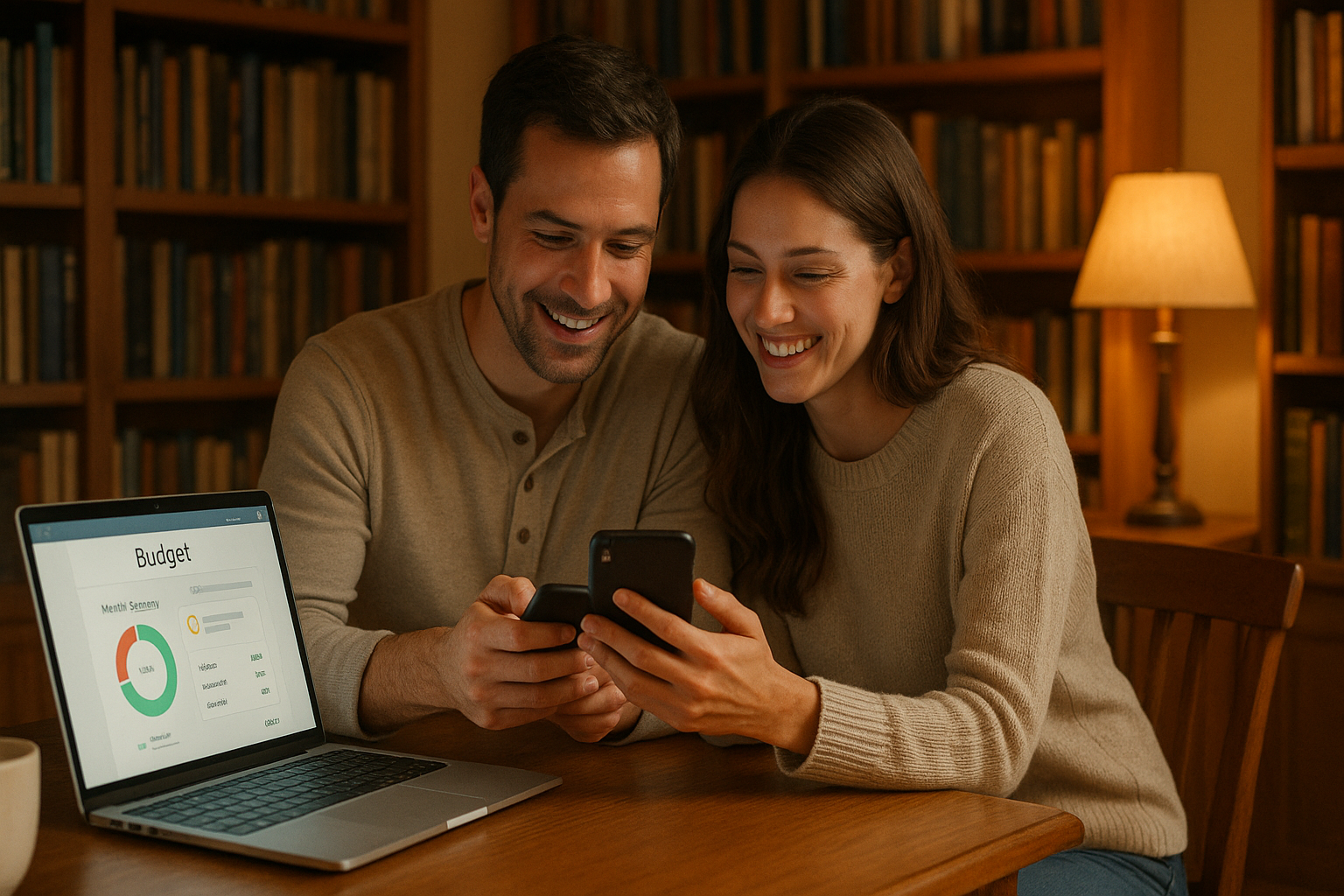 예산 알림 메시지 확인하는 부부