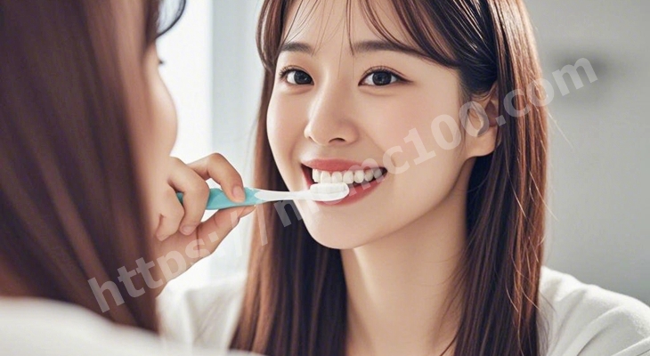 거울을 보며 양치를 하는 젊은 여성의 모습