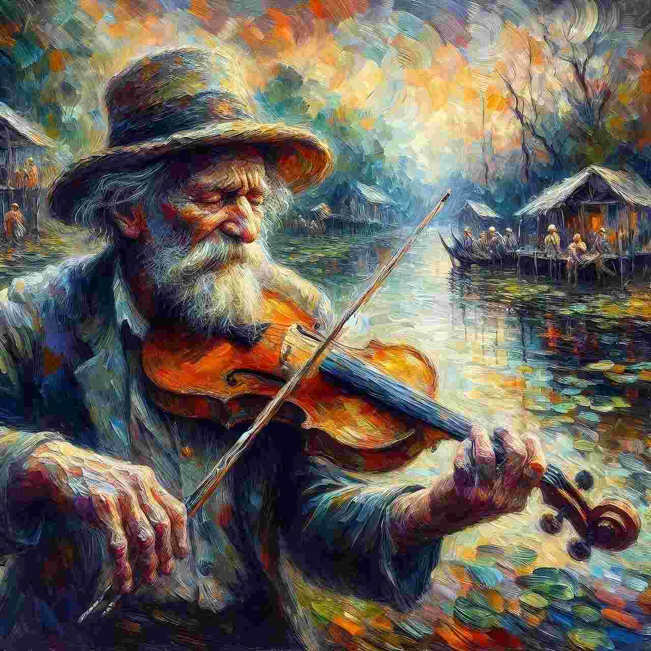 노을빛 강가를 배경으로 바이올린을 연주하는 노인 연주자의 유화풍 일러스트가 SUNO의 감성적인 음악 생성 가능성을 상징적으로 표현한 장면.