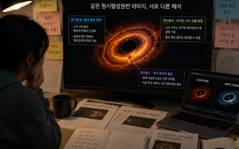 어두운 방안에서 같은 원시행성원반 이미지를 기사와 연구 설명으로 반복 비교하며 서로 다른 해석 사이에서 혼란스러운 모습