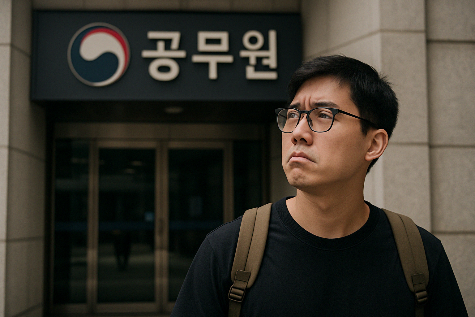 공무원-건물-앞을-지나며-생각에-잠긴-젊은-남성의-모습