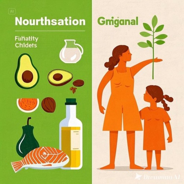 여성과 어린이의 건강을 상징하는 인포그래픽. 왼쪽에는 건강한 지방이 풍부한 음식들(아보카도, 견과류, 올리브오일, 연어)이 배치되고, 오른쪽에는 성장하는 어린이와 활기찬 여성의 실루엣이 있는 구성. 따뜻한 그린과 오렌지 톤의 건강하고 자연스러운 느낌의 디자인