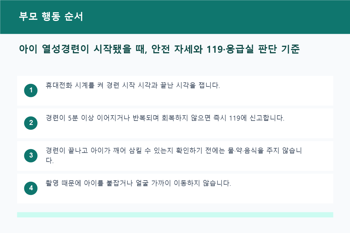 아이 열성경련이 시작됐을 때, 안전 자세와 119&middot;응급실 판단 기준 부모 행동 순서 정보 이미지