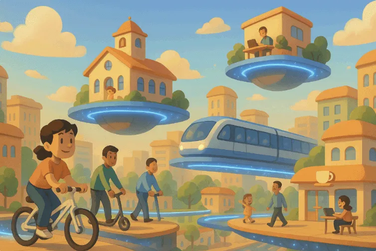 초전도체 기반 자기부상 기술로 떠다니는 미래 도시를 묘사한 픽사풍 일러스트. 부상 학교, 카페, 사무실이 공중에 떠 있고, 시민들이 자기부상 도보 위에서 자전거와 킥보드를 타며 출근 중인 모습. 자기부상 열차도 공중을 달리며, 평화롭고 기술적인 미래 사회를 상징적으로 표현함 (floating city, superconductivity, futuristic transportation)