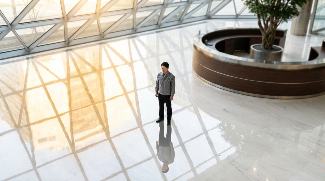 서울의 고급 오피스 로비에서 연마 광택 작업이 완료된 거울 같은 대리석 바닥을 확인하는 한국인 전문가의 모습