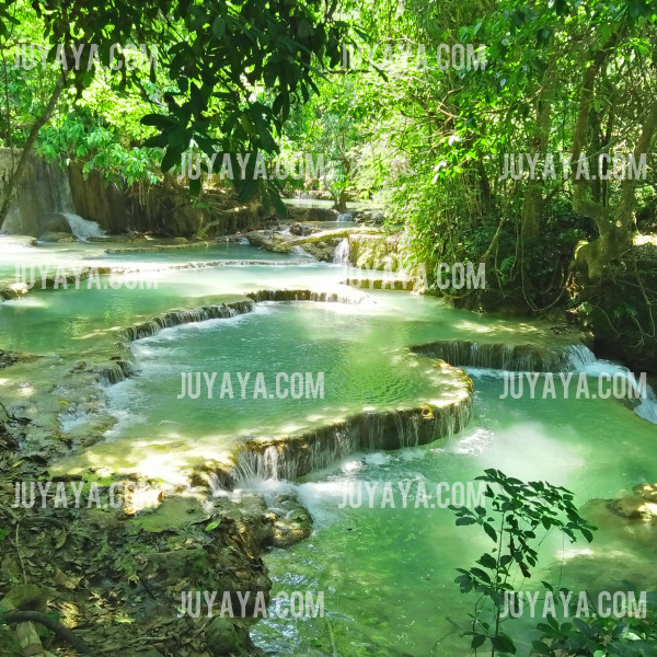 쿠앙시 폭포의 계단식 테라스와 맑은 물 풍경.