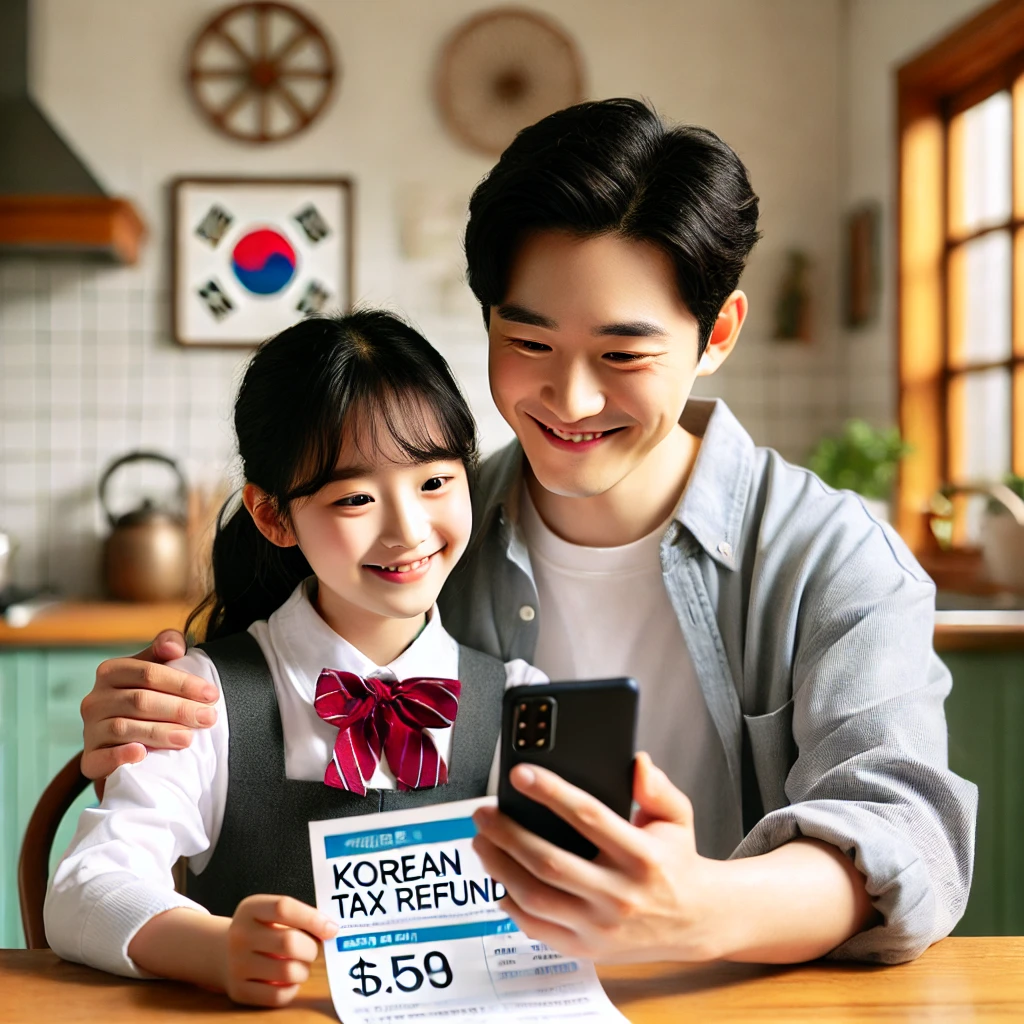 식탁에서 함께 스마트폰으로 세금 환급을 확인하는 한국 아버지와 딸 