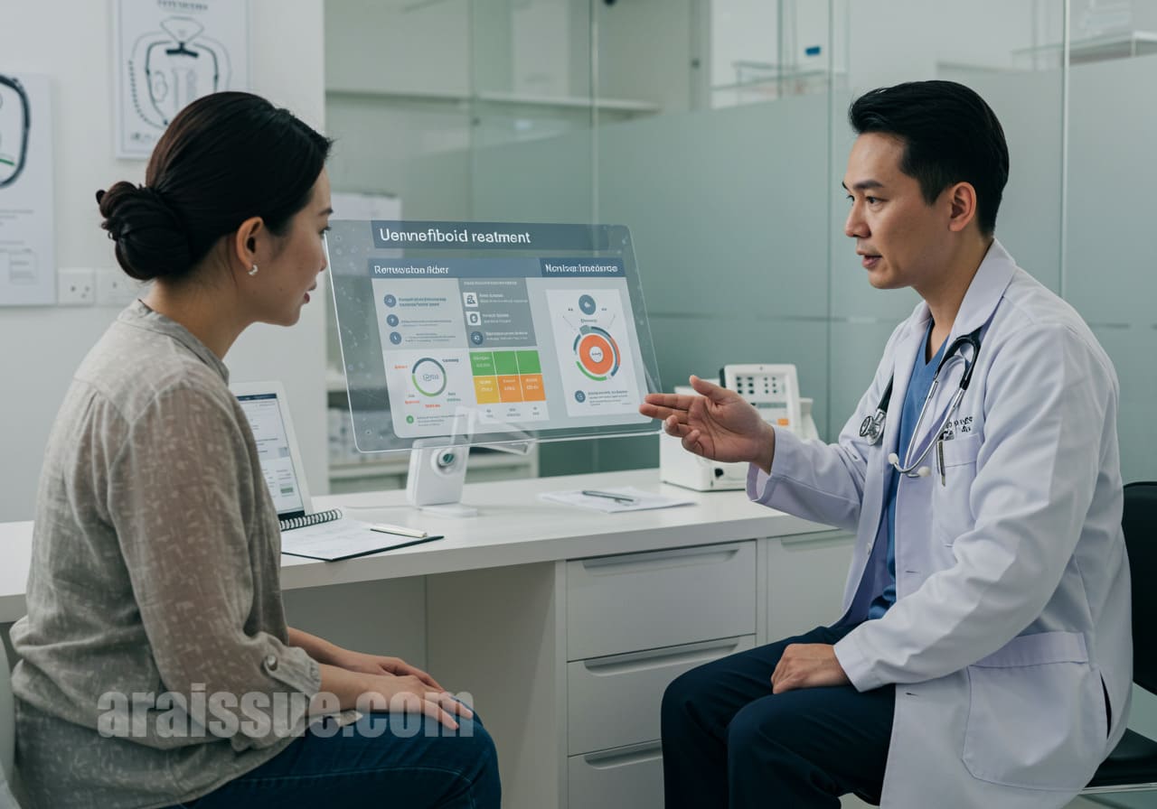 갱신형과 비갱신형 보험의 차이를 설명하는 의사와 여성 환자. 디지털 기기를 사용하여 각 보험의 장단점을 비교하는 모습. 현대적인 진료실에서 상담 중.