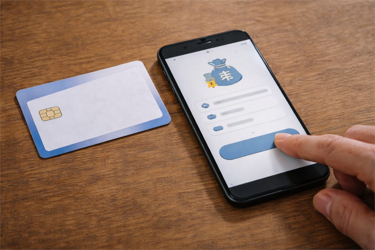 스마트폰과 은행카드로 온라인 신청을 준비하는 클로즈업 장면 