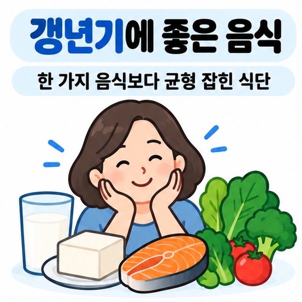 갱년기에 좋은 음식을 우유 요거트 두부 연어 채소와 함께 보여주는 카드뉴스