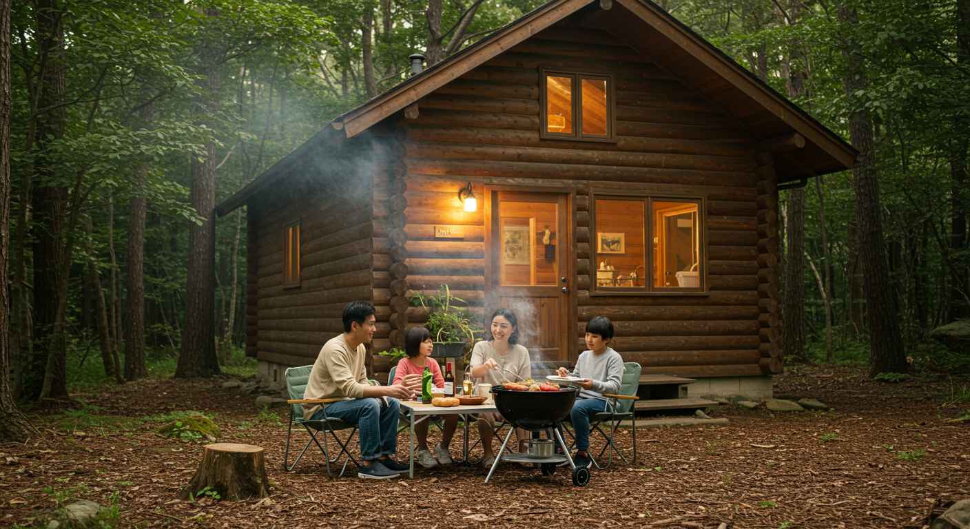 울창한 숲속에 위치한 아늑한 나무 통나무집(휴양림 숙소)과 그 앞에서 바비큐를 즐기는 가족의 행복한 모습