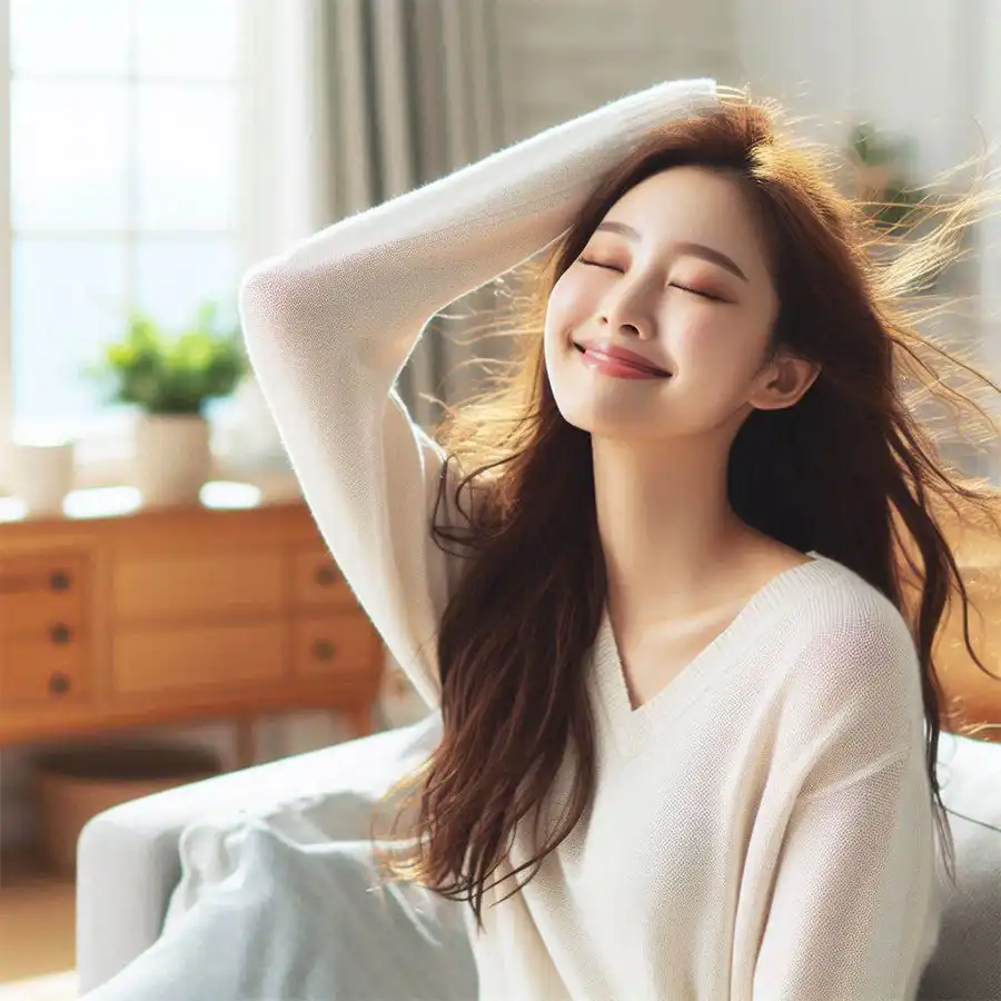 거실에서 시원한 바람을 쐬고있는 젊은 여성.