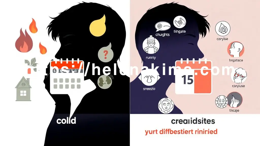 왼쪽은 일시적으로 괴로워하는 사람의 실루엣 주변에 열, 기침 아이콘이 보이며, 달력에는 짧은 기간(1-2주) 후 증상이 사라지는 모습, 오른쪽: '만성 비염'을 상징한다. 콧물, 코막힘, 재채기 아이콘에 둘러싸여 답답해하고 달력에는 3개월 이상 지속되는 시간의 흐름에도 증상이 변함없이 이어지는 모습으로좌우 대칭 분할로 감기와 만성 비염의 차이를 나타내는 이미지.