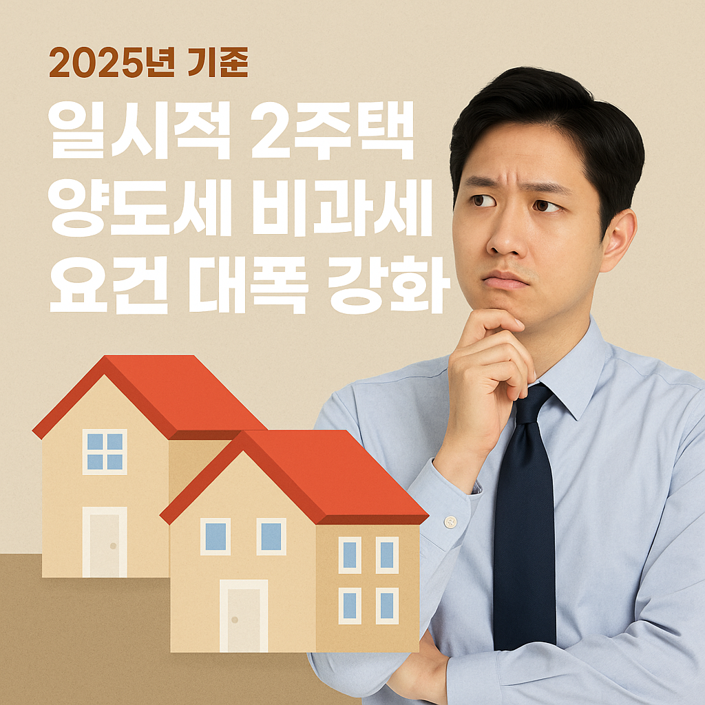 2025년 기준 일시적 2주택 양도세 비과세 요건 강화 안내 이미지. 고민하는 남성과 두 채의 주택 그래픽이 함께 배치됨