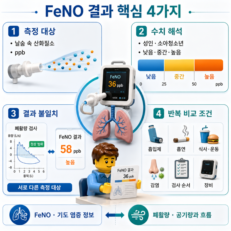FeNO 결과에서 확인할 핵심 4가지와 측정 대상, 수치 해석, 반복 비교 조건을 정리한 의료 요약 인포그래픽