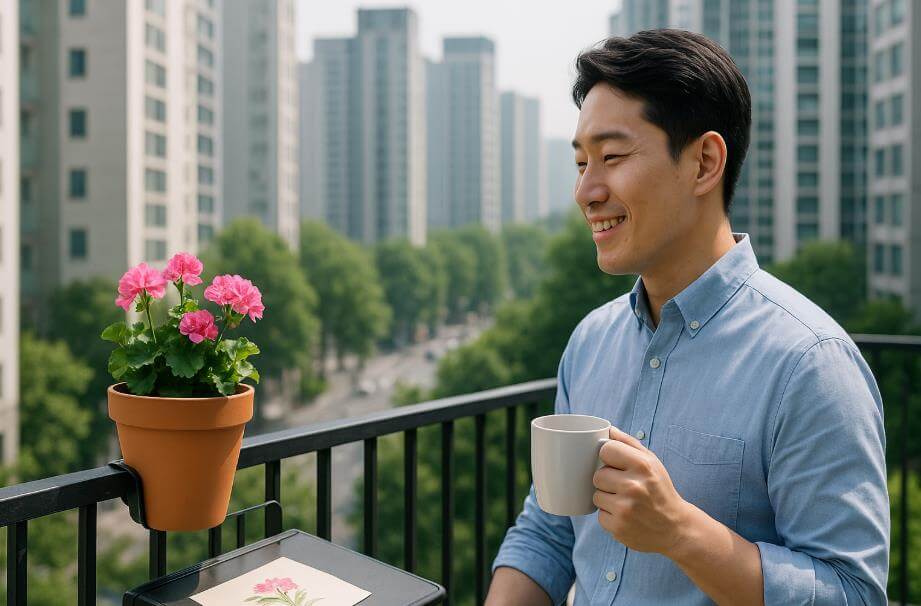 도심 속 작은 발코니에서 힐링하는 장면