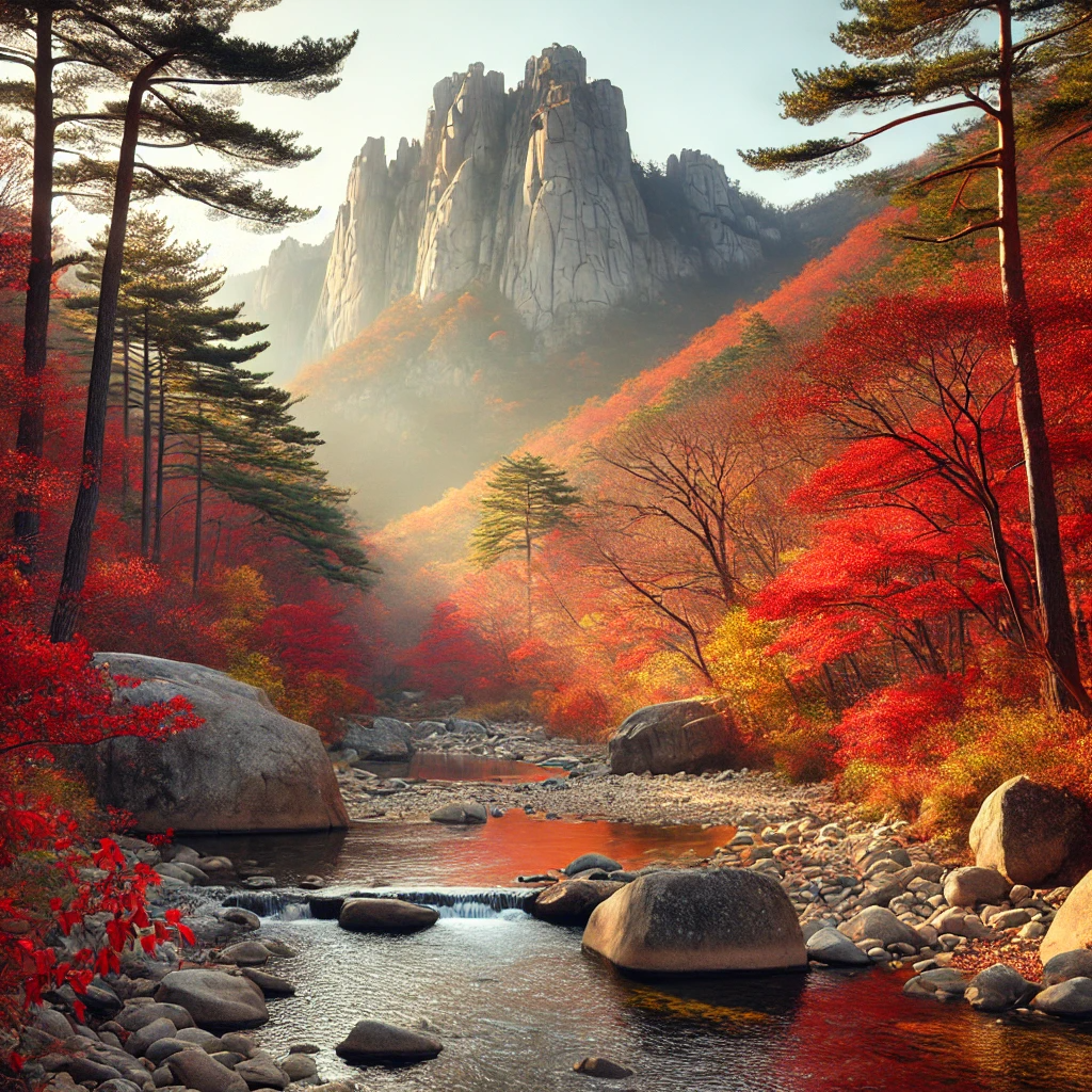 고요한 북한산의 가을 풍경&amp;#44; 붉고 황금빛 단풍과 숲속을 흐르는 맑은 개울&amp;#44; 뒤쪽에 솟은 바위 절벽