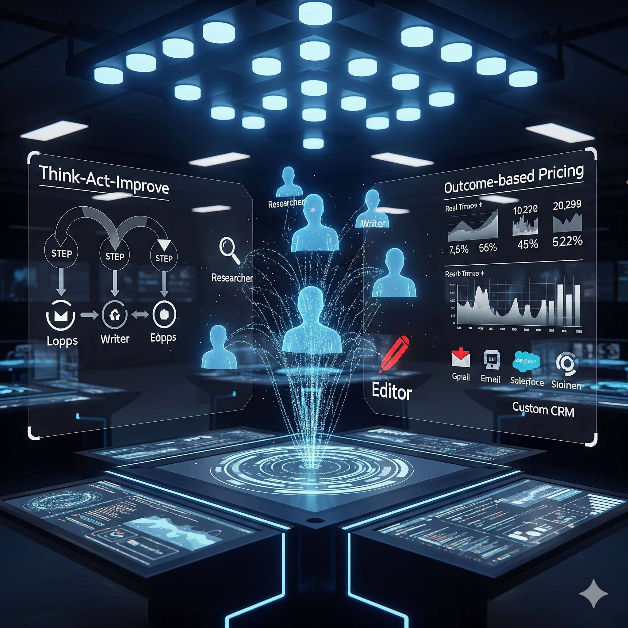 AI 에이전트의 자율적 판단 프로세스와 Think-Act-Improve주기를 보여주는 미래형 디지털 워크스페이스 비주얼
