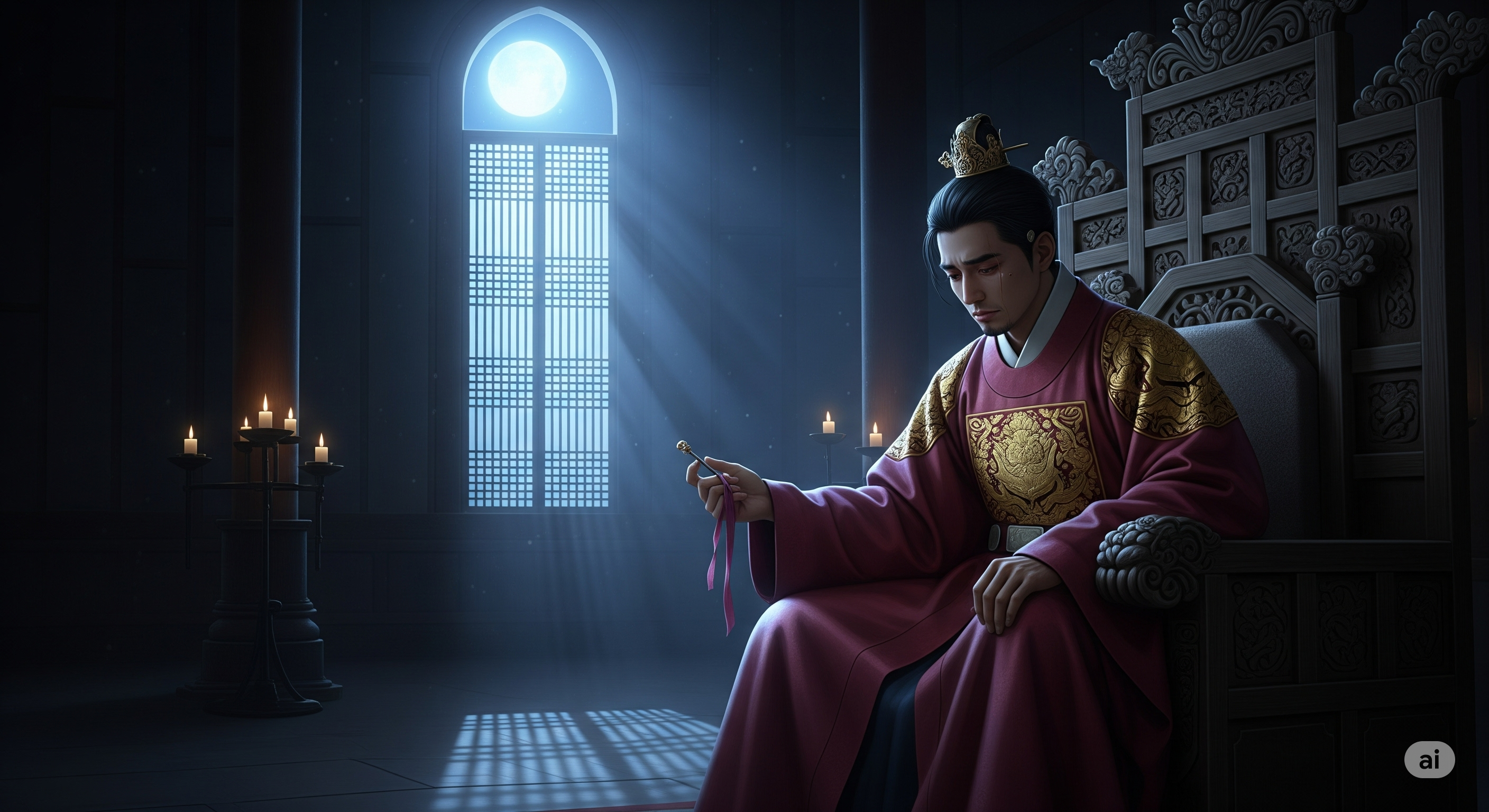 A sorrowful king sits on a darkened throne, holding a token of love in his hand.