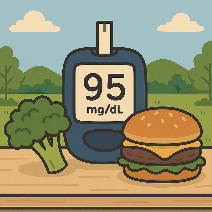 혈당측정기 옆에 놓인 브로콜리와 햄버거 일러스트 – 건강한 식습관과 혈당관리를 상징