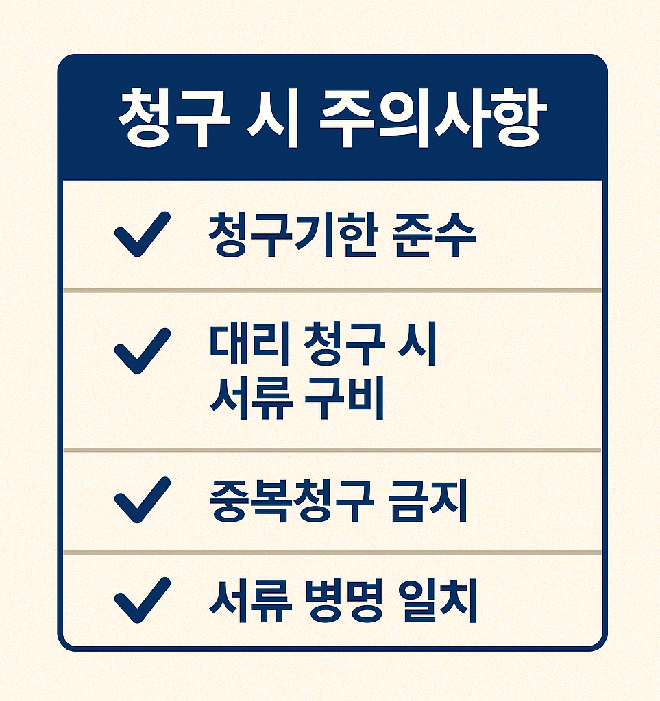 실손보험 청구 시 반드시 확인해야 할 4가지 주의사항 요약 인포그래픽 - 청구기한, 대리청구 서류, 중복청구, 병명 일치