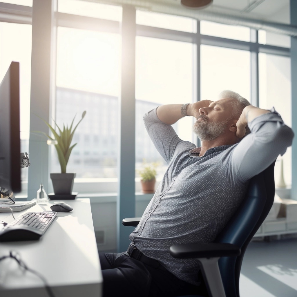 40대 남성 직장인이 사무실에서 스트레칭을 하고 있는 모습