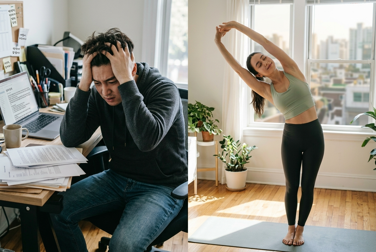 스트레스로 인해 머리를 감싸 쥐고 있는 사람과 가벼운 스트레칭을 하는 사람의 대비되는 모습