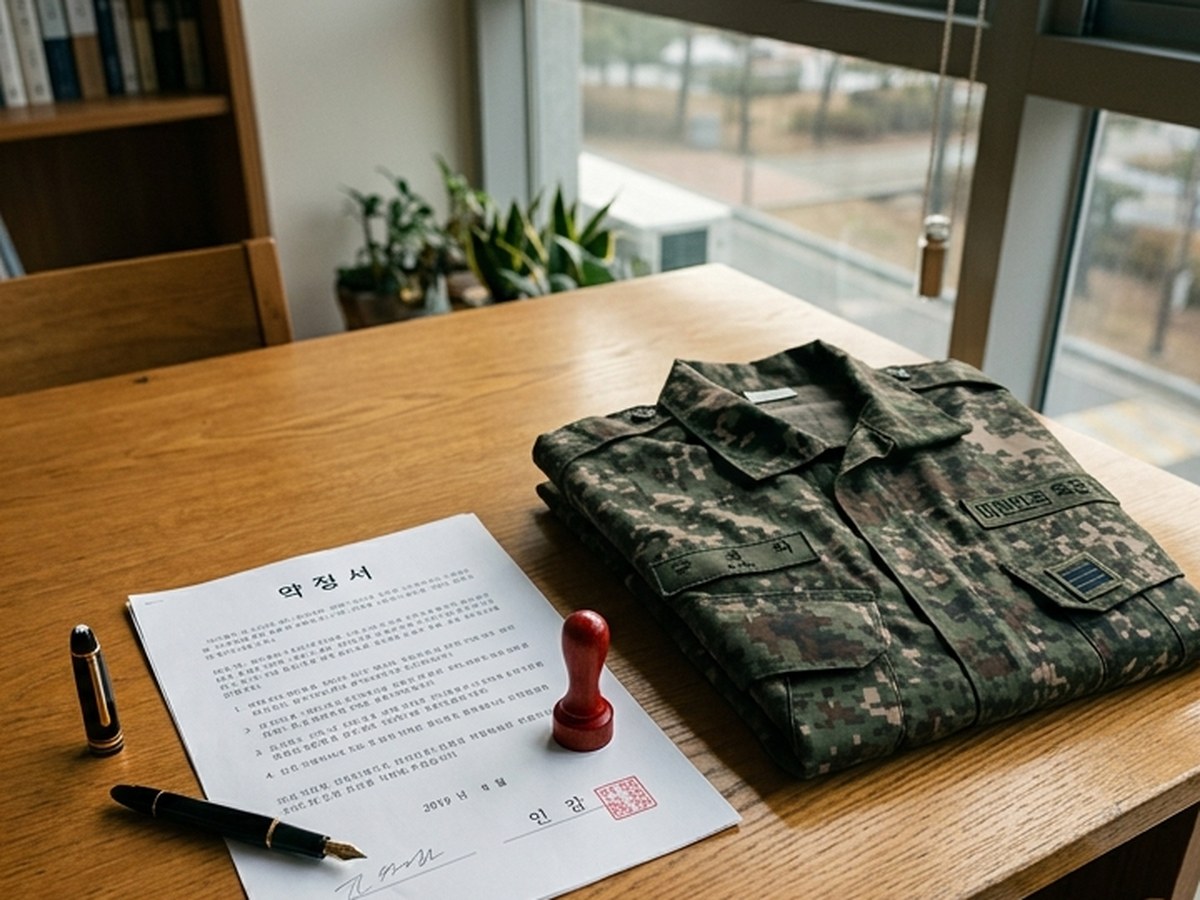 책상 위에 놓인 약정서와 만년필, 도장, 접힌 군복 상의