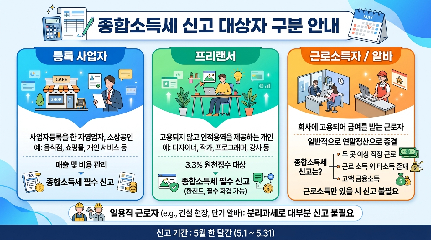 사업소득, 프리랜서 소득, 투잡러 등 종합소득세 신고 대상자를 구분하는 인포그래픽