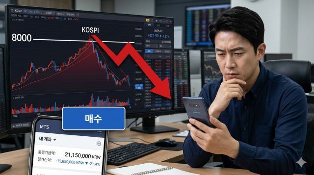코스피 8000 돌파 후 급락한 주식시장 상황과 투자 판단을 고민하는 투자자 이미지