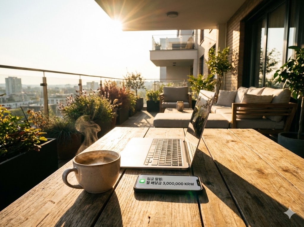 살이 비치는 아늑한 거실 테라스, 커피 한 잔과 노트북 옆에 'Monthly Income: 3,000,000'이라고 적힌 통장 알림이 떠 있는 평온한 분위기의 이미지