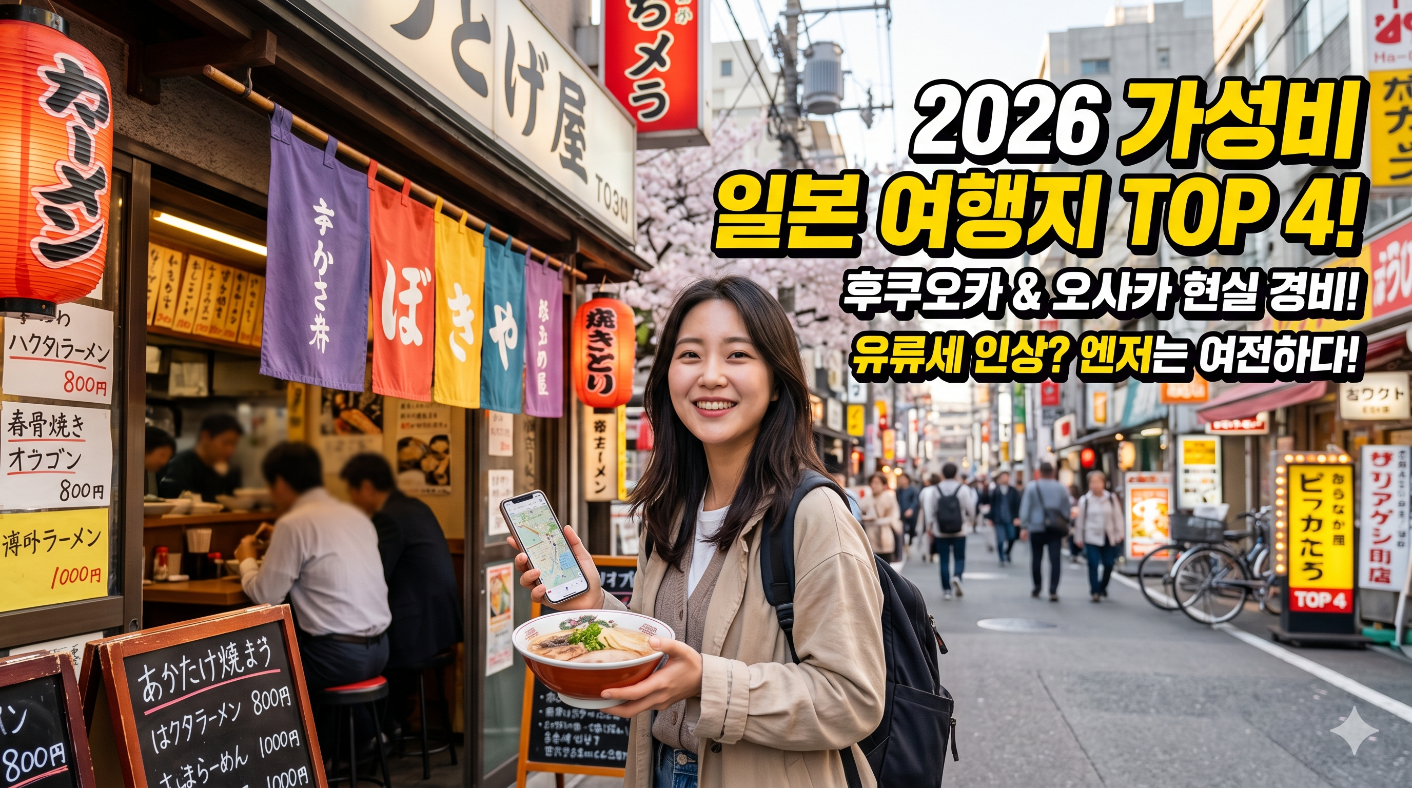 2026년 일본 가성비 여행지 TOP 4 추천 썸네일. 후쿠오카 오사카의 실제 여행 경비와 유류세 인상 대비 엔저 활용법을 설명하는 일본 현지 식당 앞 여행자 이미지.