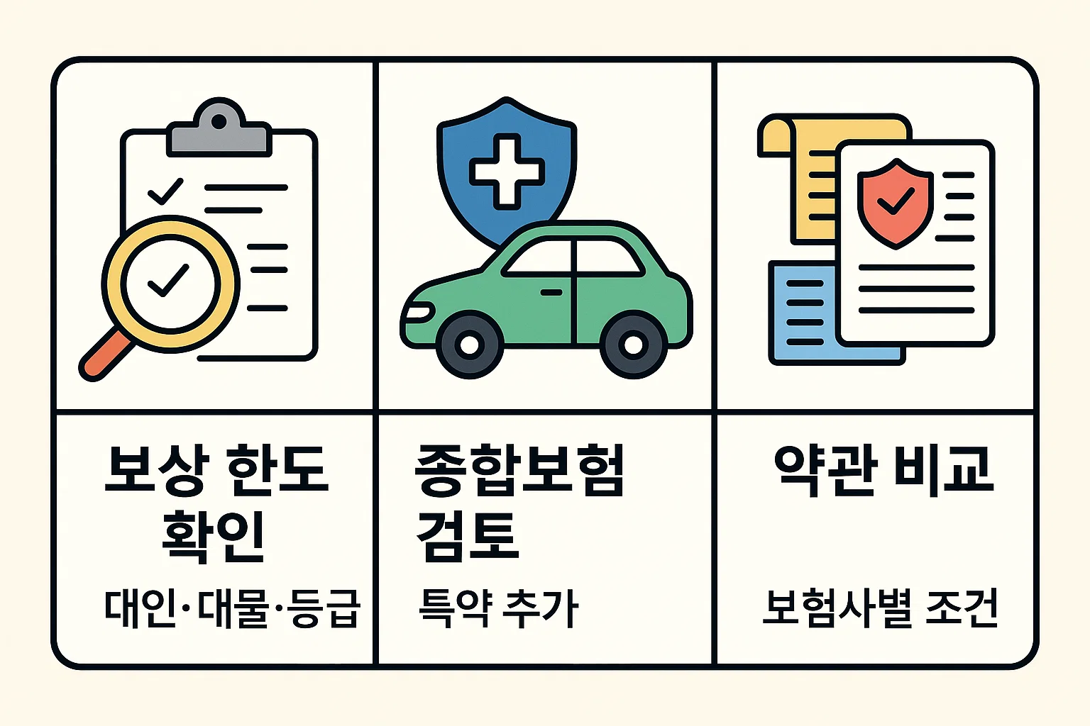 자동차보험 책임보험 가입 시 반드시 확인해야 할 보상 한도, 종합보험 검토 및 특약 추가, 보험사별 약관 비교 조건을 한눈에 볼 수 있도록 정리한 인포그래픽 이미지입니다.