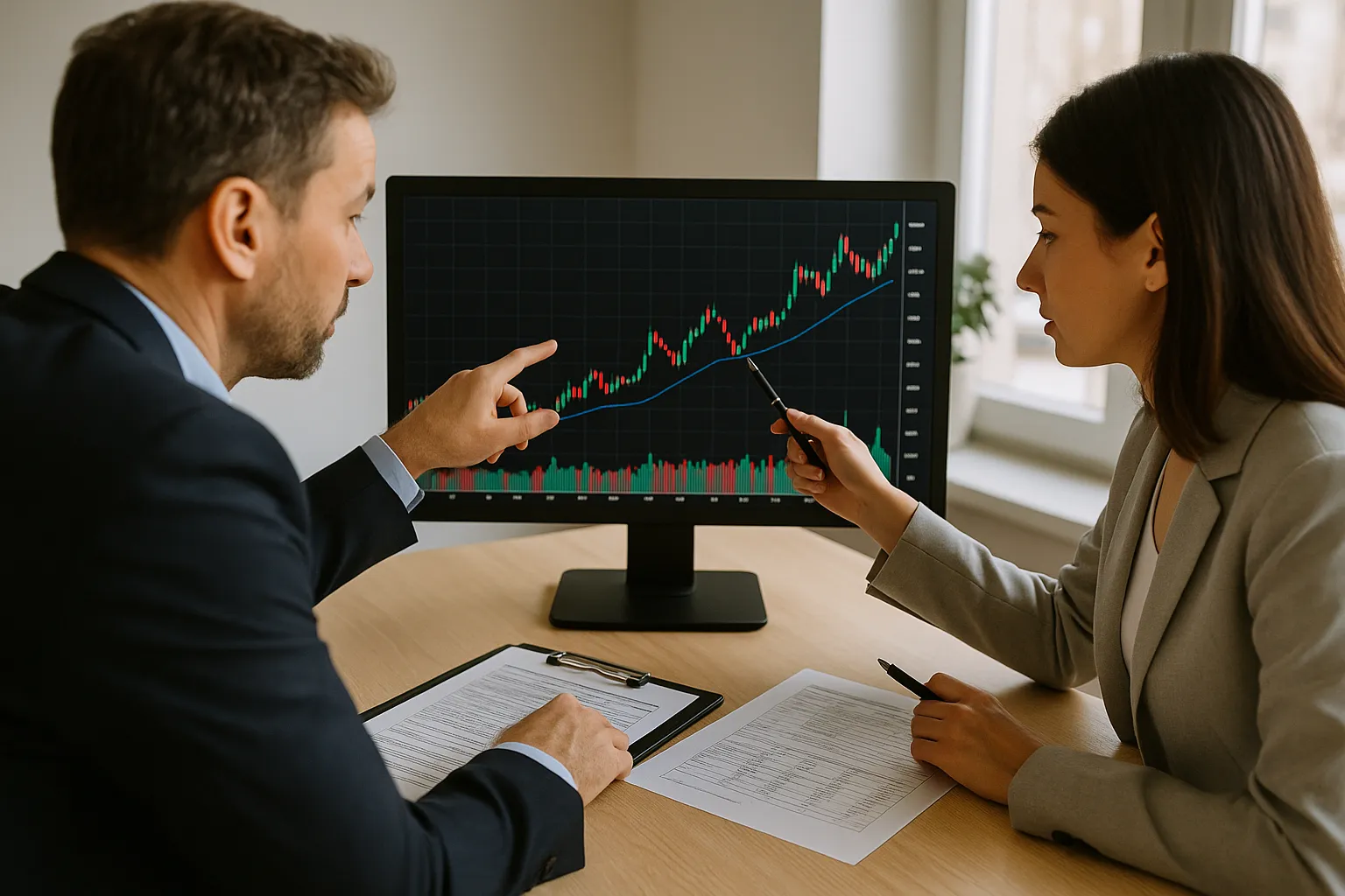 주식 차트를 분석하는 두 명의 전문가