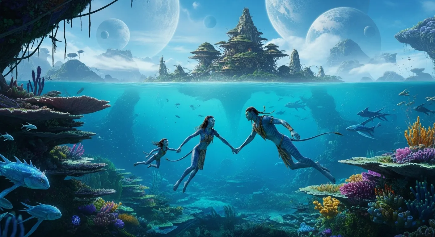 오늘 개봉한 '아바타: 불과 재'의 한 장면으로, 제이크 설리 가족이 판도라 행성의 환상적인 바닷속에서 새로운 해양 부족 멧카이나와 교류하는 모습. 다채로운 해양 생물들과 아름다운 산호초가 어우러져 있다.