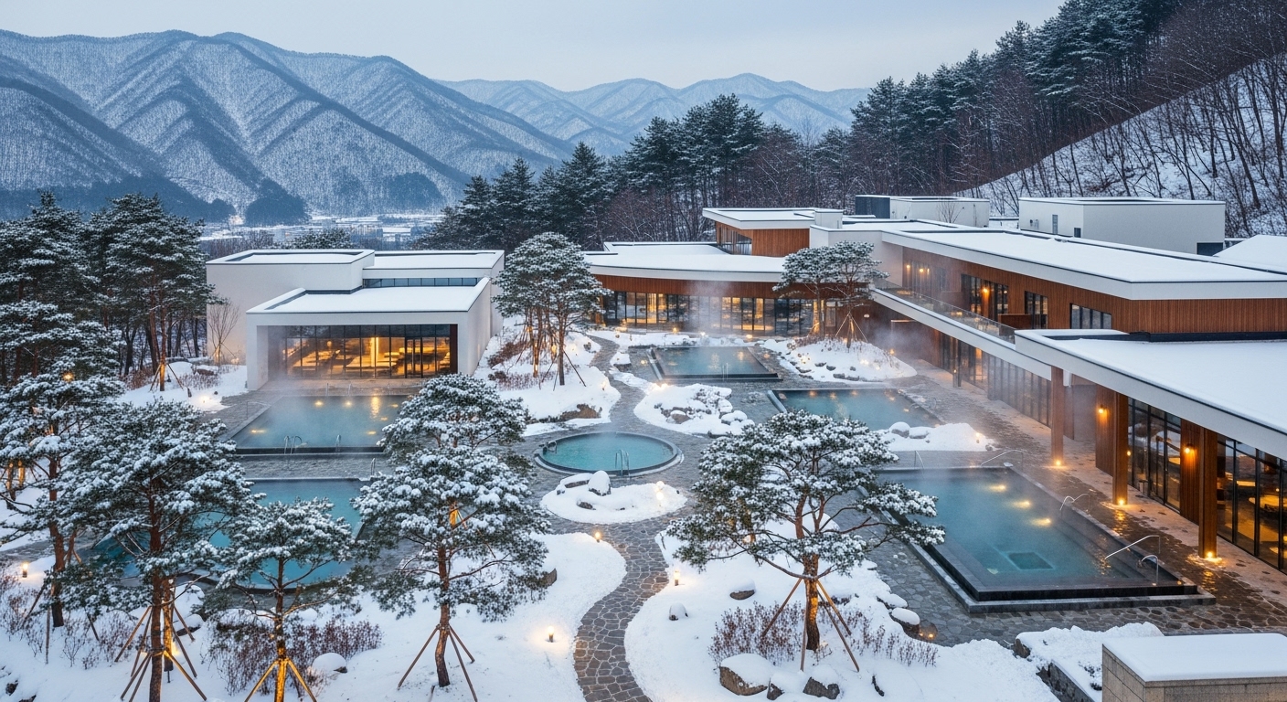 눈 내린 강원도 럭셔리 야외 온천 리조트의 전경.