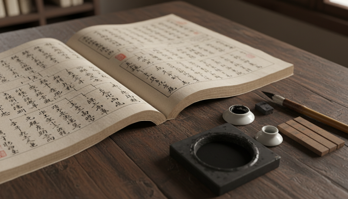 역사적인 세월이 느껴지는 평산 신씨 가문의 오래된 족보와 서예 도구