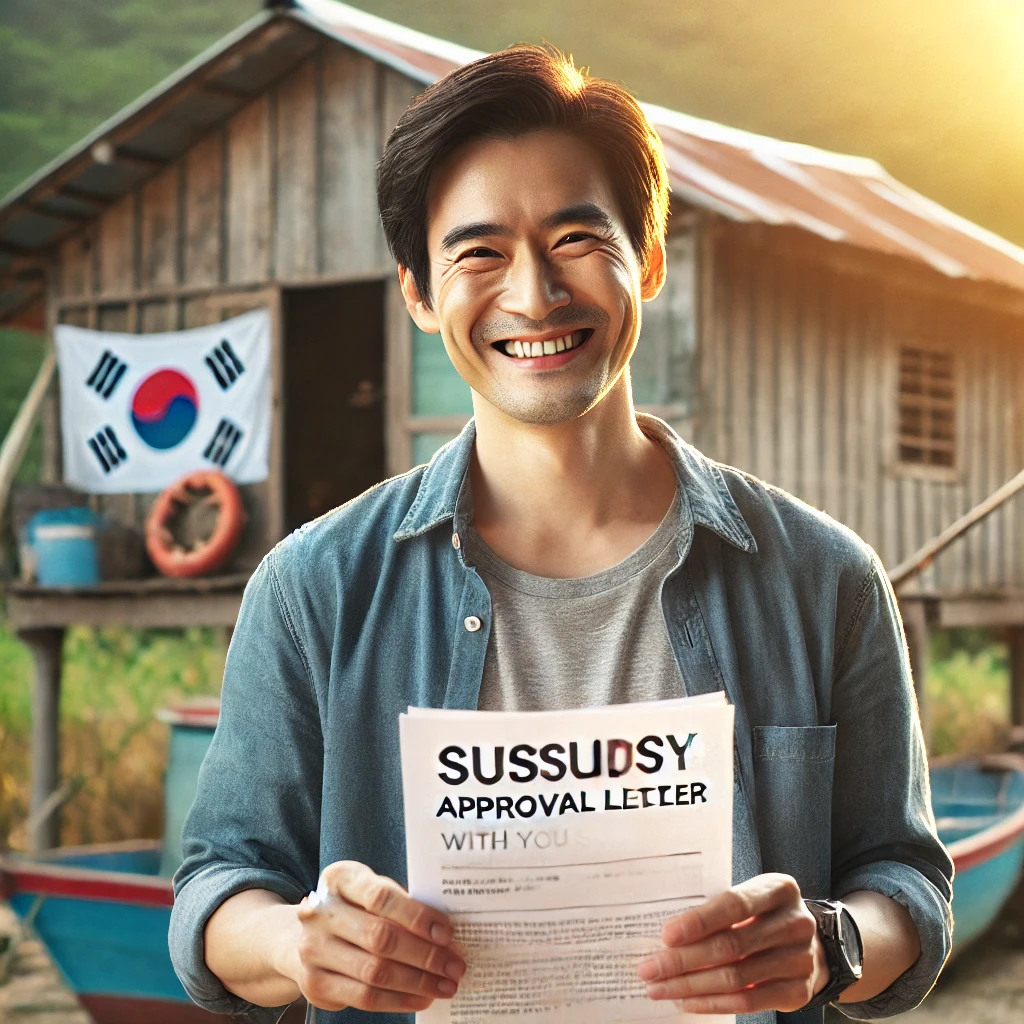 기쁨에 찬 표정으로 직불금 승인서를 들고 있는 한국 중년 남성의 모습