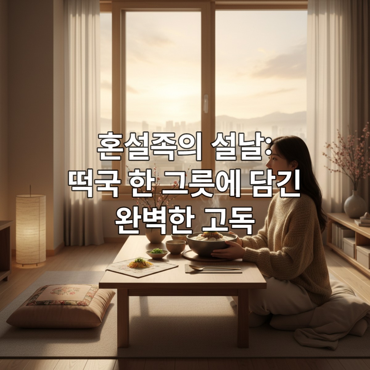 조용한 설날, 따뜻한 빛이 드는 창가에서 혼자 떡국을 즐기며 평화로운 시간을 보내는 사람의 모습.