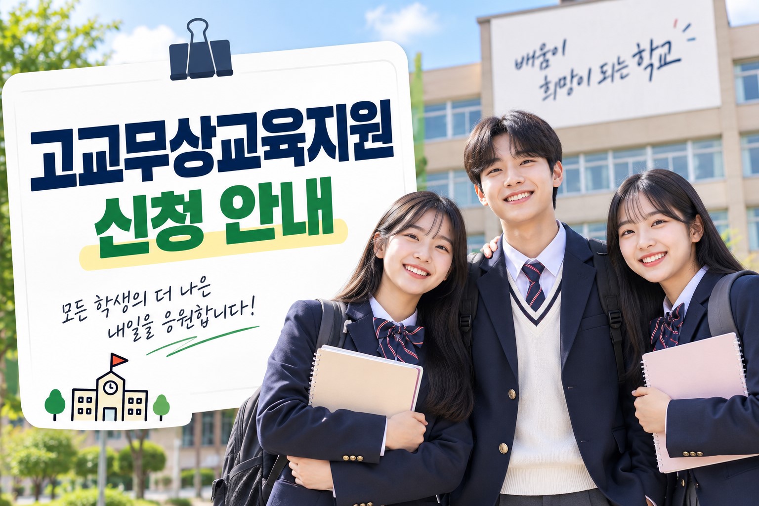 고교무상교육 신청 안내와 함께하는 학생들 이미지