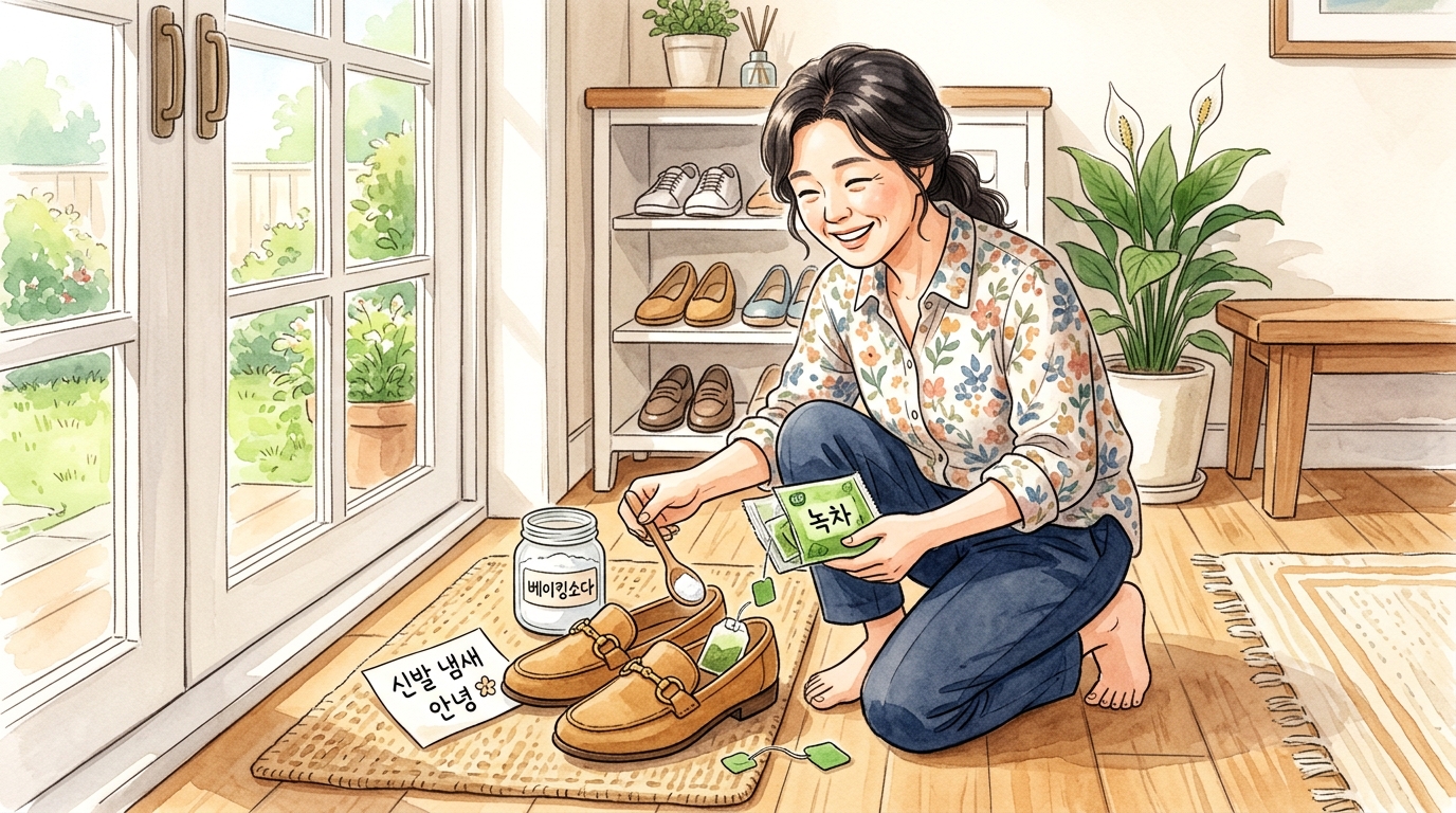 녹차티백과 베이킹소다를 이용하여 신발 냄새를 제거하는 모습.