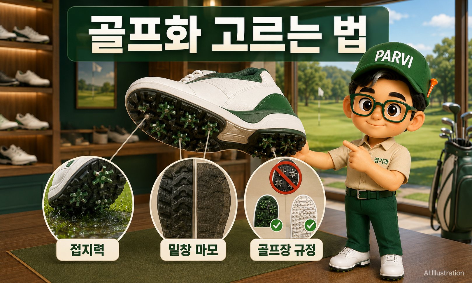 경기과 PARVI가 골프화의 접지력과 밑창 마모 상태, 골프장 스파이크 규정을 설명하는 모습
