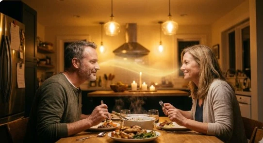 따뜻한 조명 아래 눈맞춤하는 중년 부부