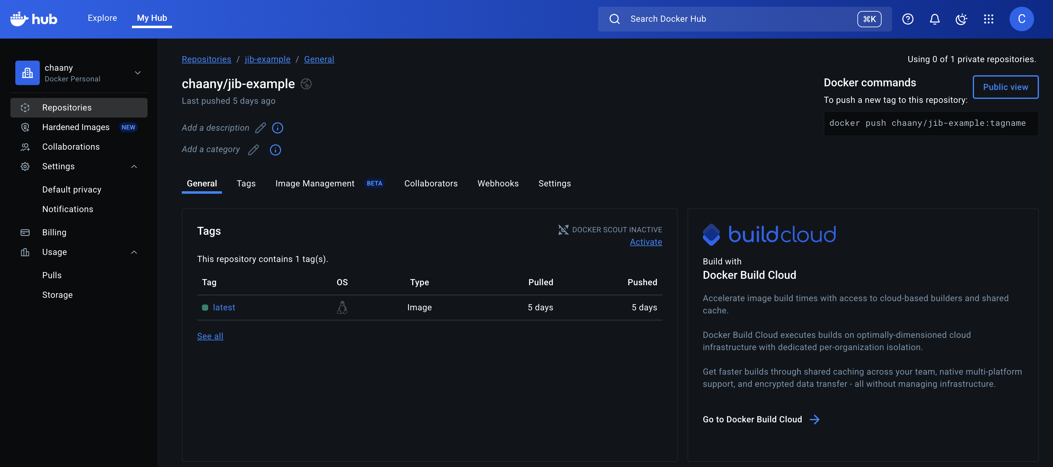 Jib으로 빌드한 Java 애플리케이션 이미지의 Docker Hub layer 화면