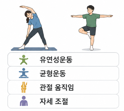 스트레칭을 통한 유연성운동과 한 발 서기 같은 균형운동을 함께 보여주는 그림