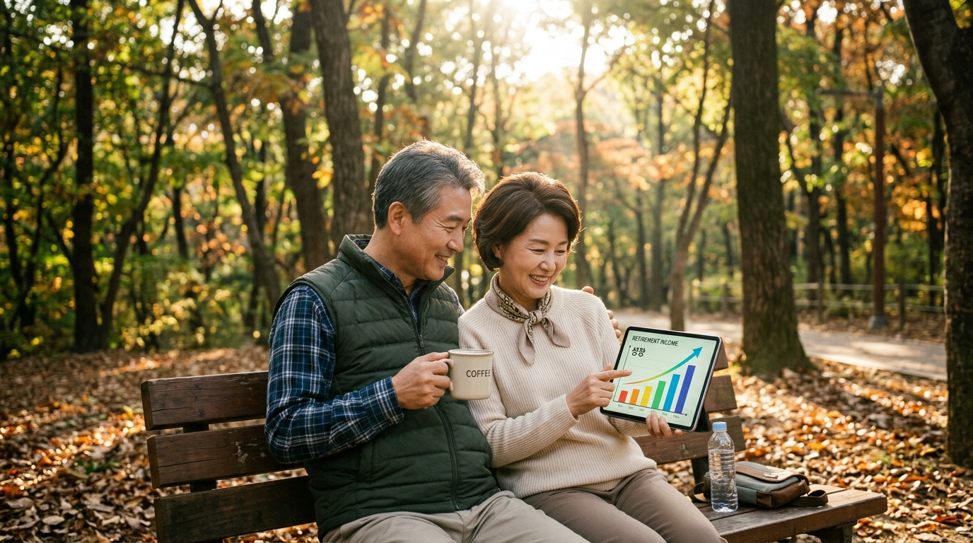 평화로운 숲속 벤치에서 커피 한 잔을 마시며 태블릿으로 자신의 연금 수익을 확인하고 미소 짓는 50대 부부의 모습