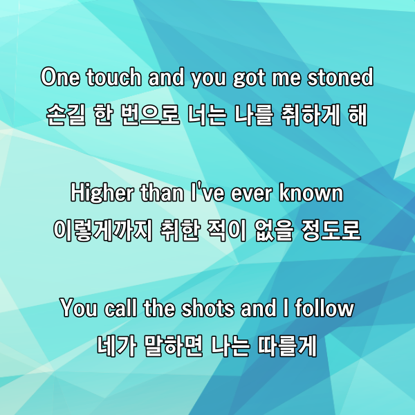 One touch and you got me stoned

손길 한 번으로 너는 나를 취하게 해

Higher than I've ever known

이렇게까지 취한 적이 없을 정도로

You call the shots and I follow

네가 말하면 나는 따를게
