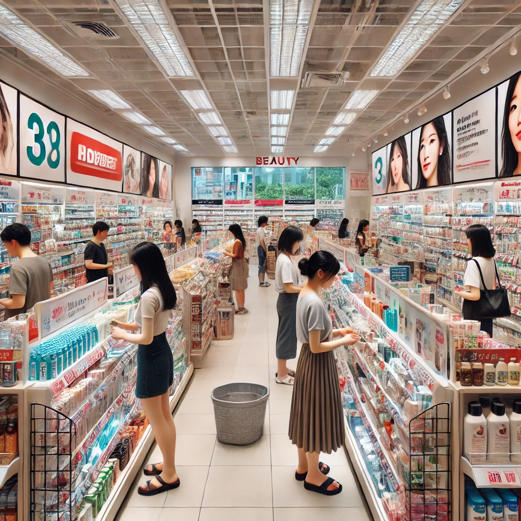 싱가포르 드럭스토어 뷰티 섹션에서 쇼핑하는 사람들의 모습